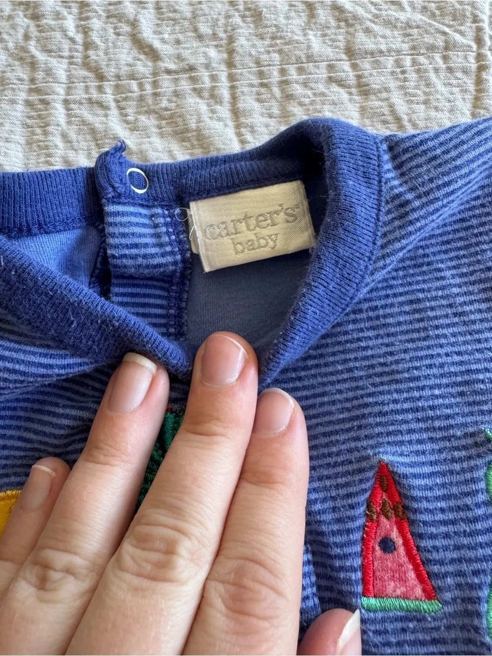 vintage carter’s baby embroidered very hungry caterpillar blue striped romper
